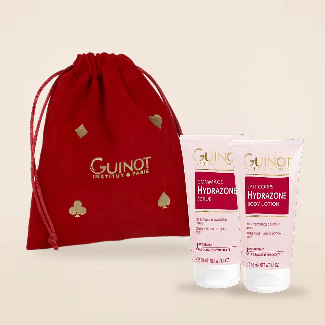 Pochon Hydrazone Corps Guinot : Gommage Hydrazone et Lait Hydrazone Corps 50 ml dans un pochon en velours rouge